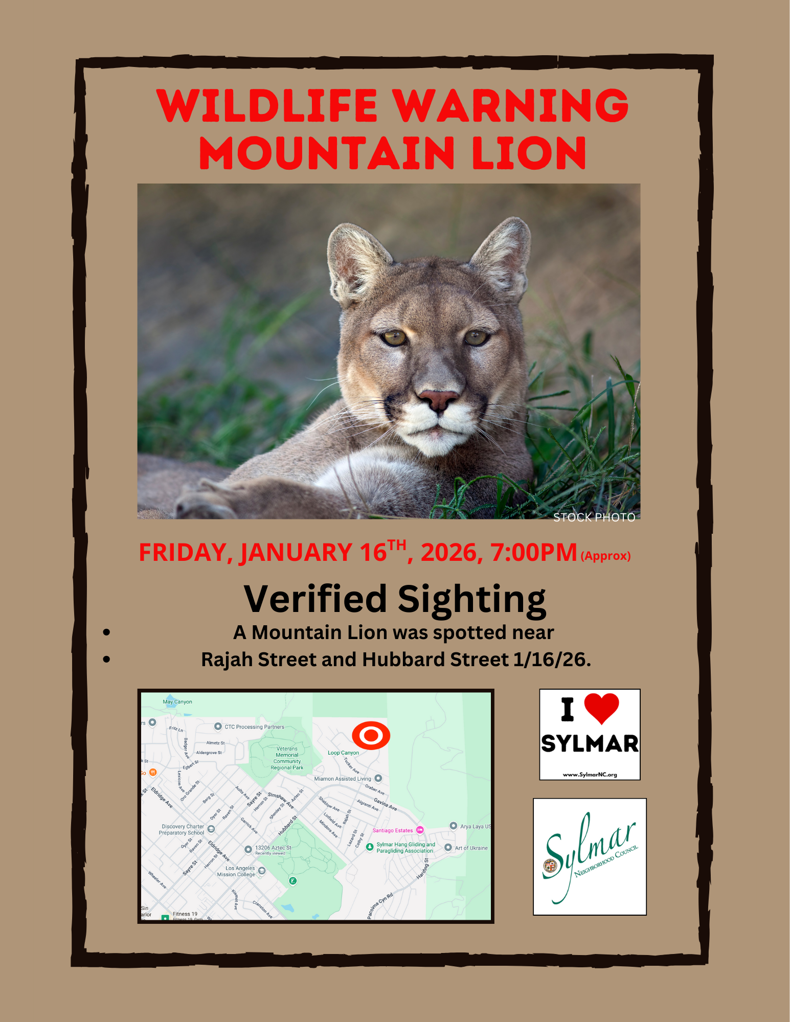 MOUNTAIN LION Warning - 1/16/2026, 7:00pm