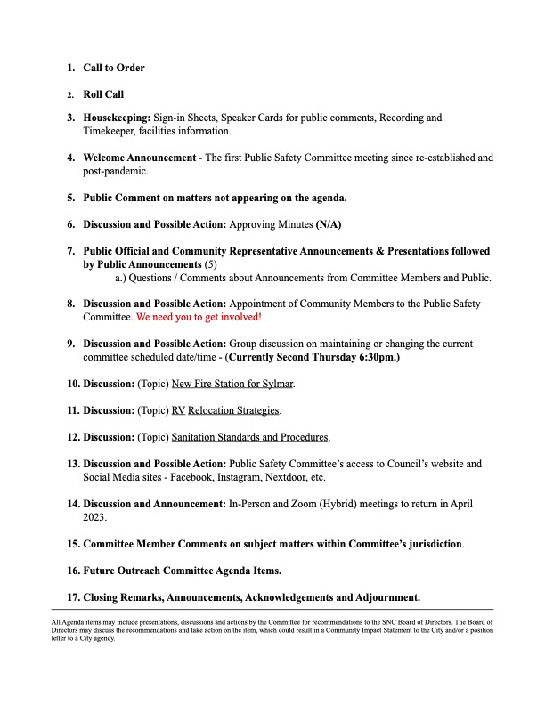 SNC Public Safety Committee Meeting • Thursday, March 9th 2023 at 630 pm