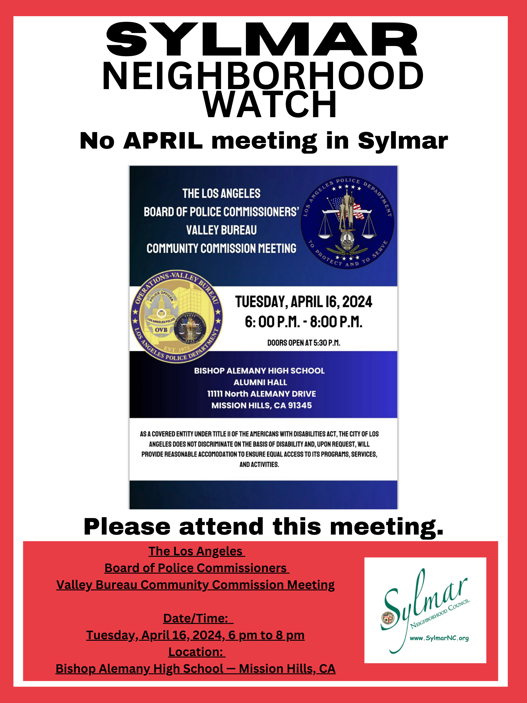 No April Community Watch • PLEASE attend this meeting!