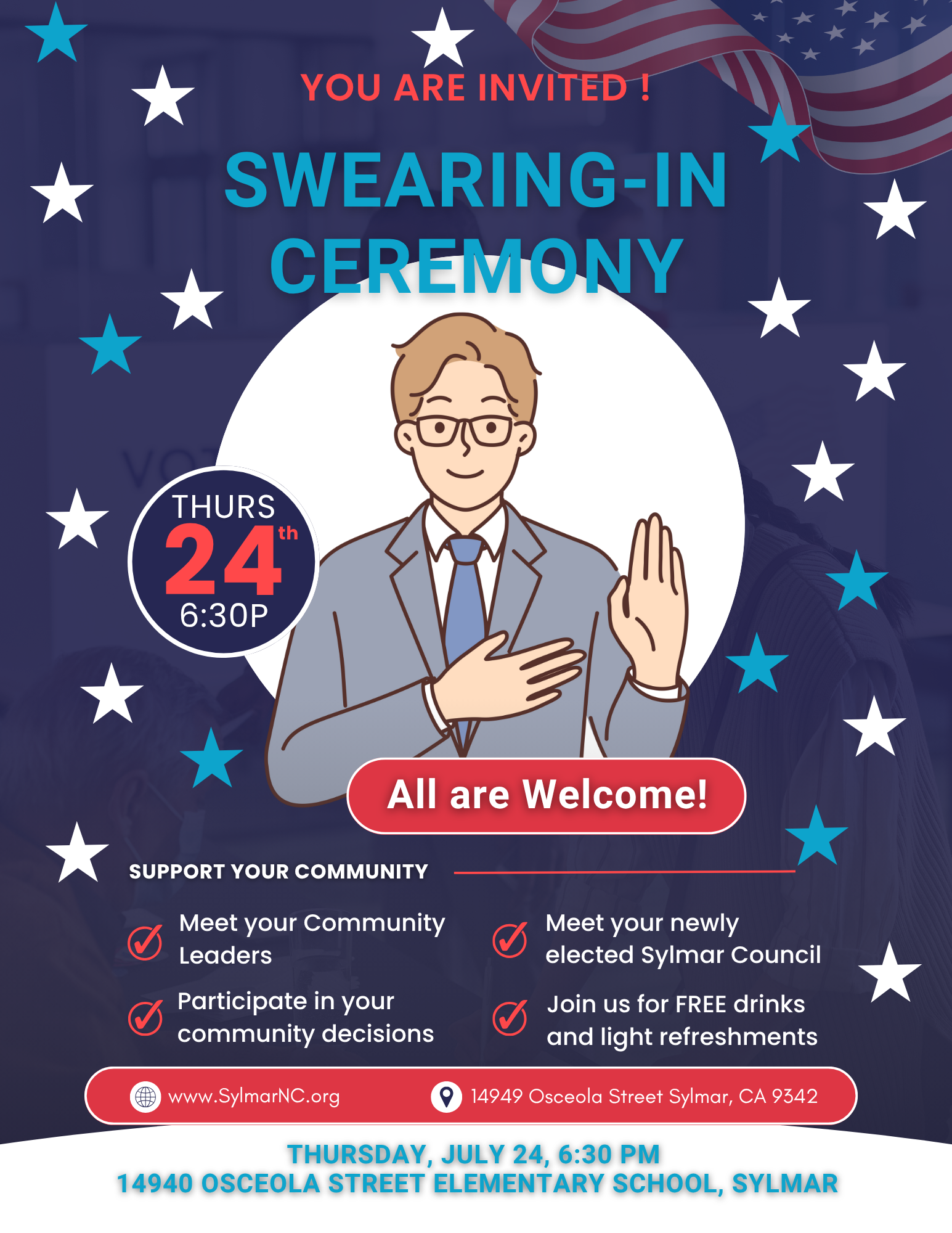 Swearing In Sign THURSDAY, July 24th • SWEARING-IN • Sylmar Neighborhood Council