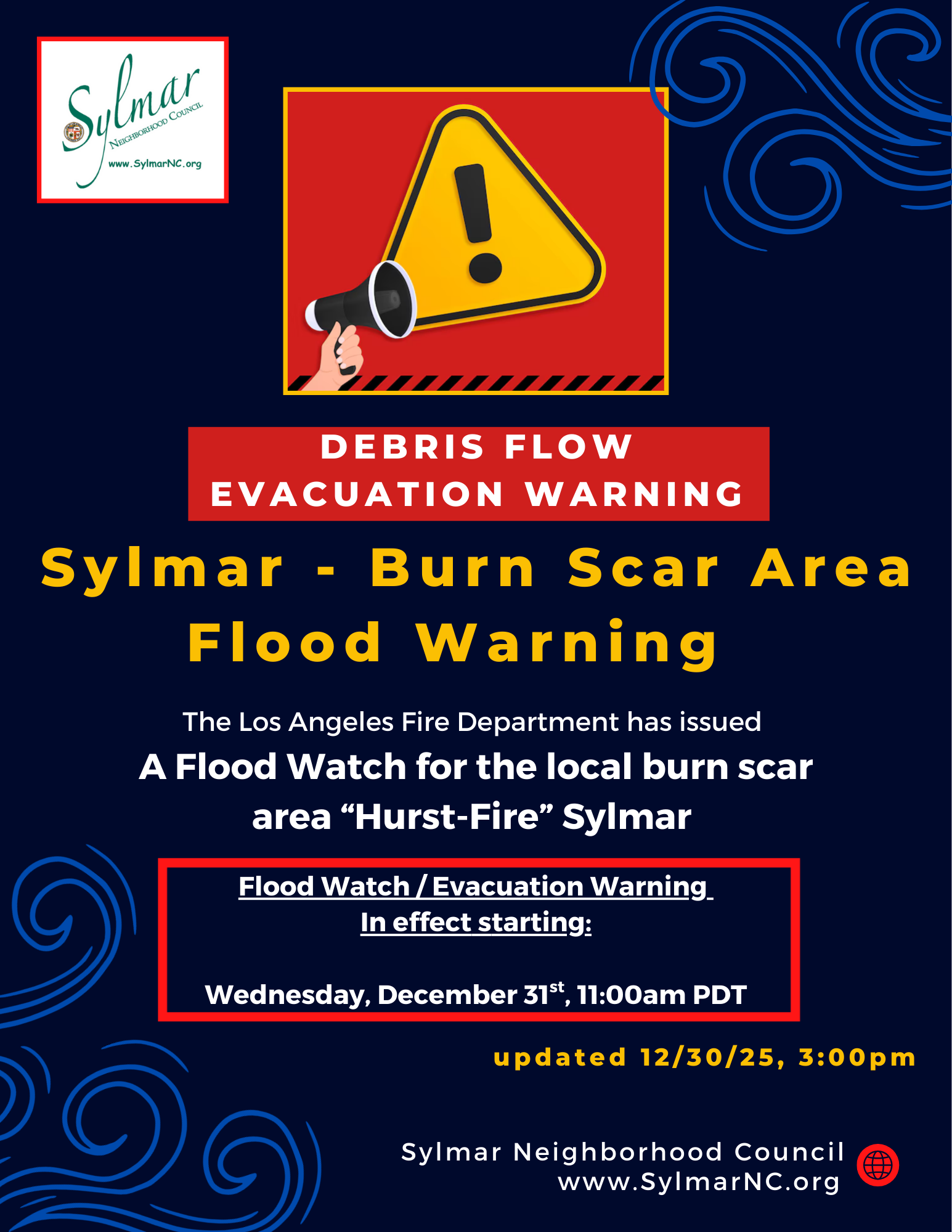Advisory: Hurst Fire Related Debris Flow- Evacuation Warning December 31st, 2025