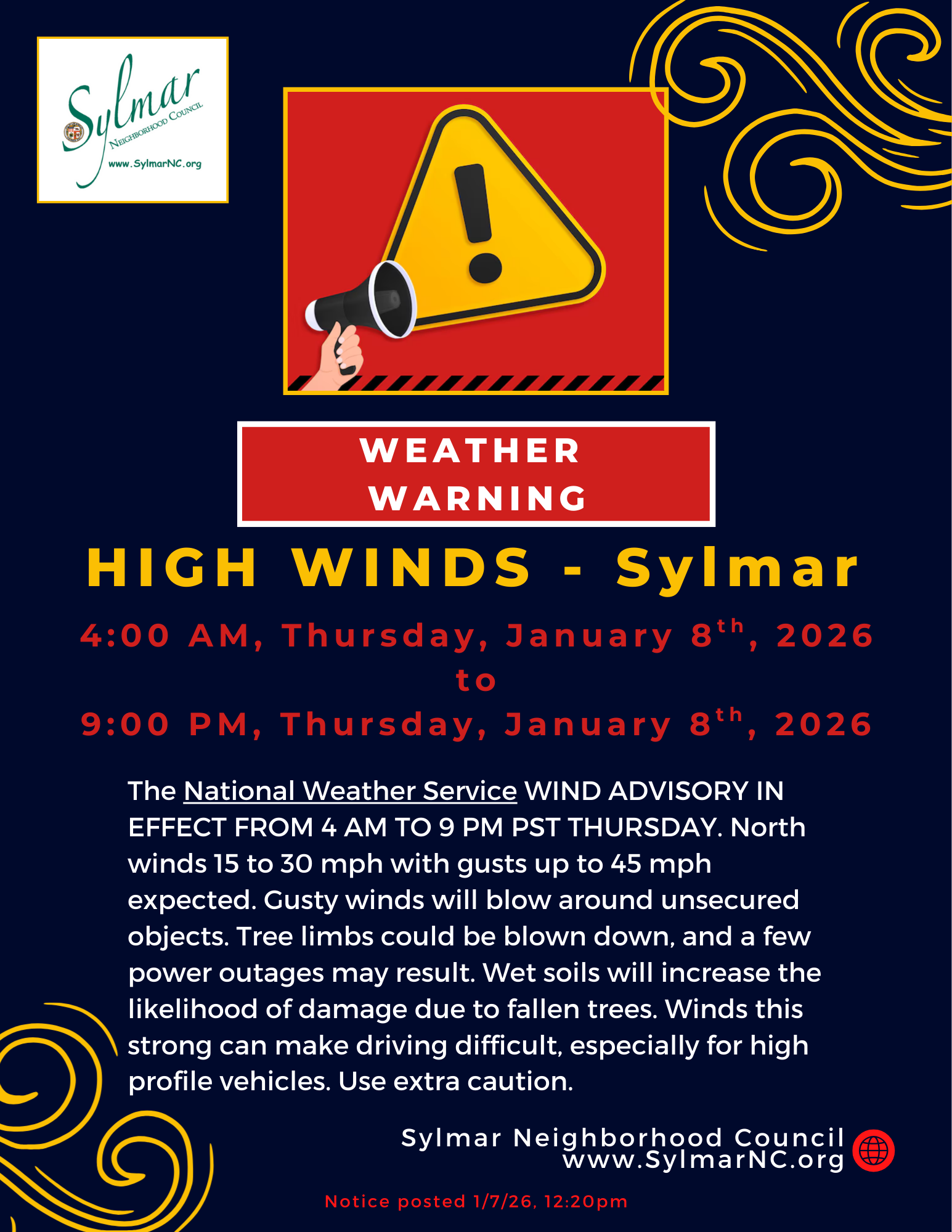 HIGH WIND WARNING - Thursday, January 8th, 2026