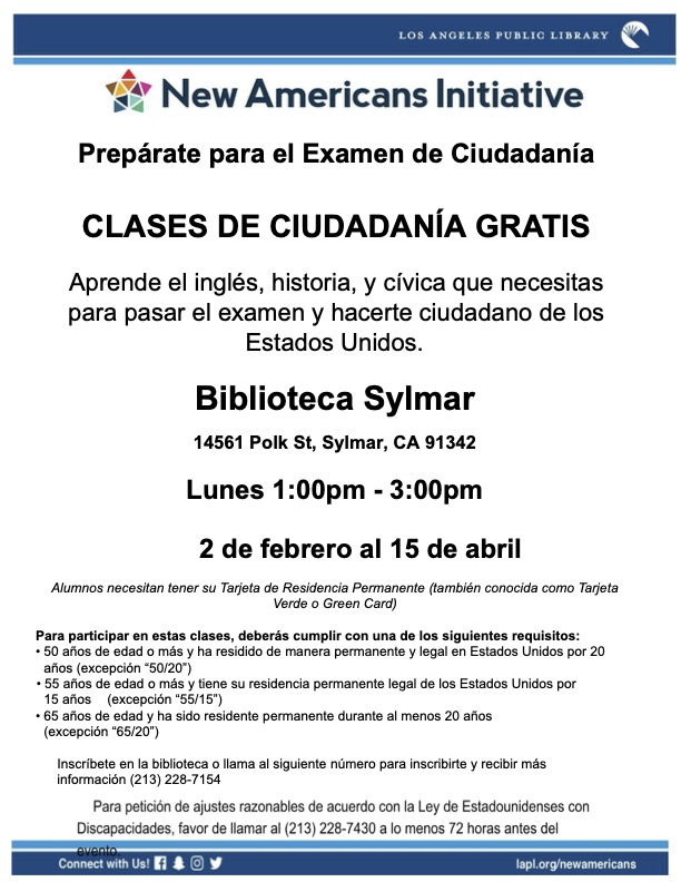 FREE Citizenship Classes in Spanish (Ciudadania en Espanol) at Sylmar Library