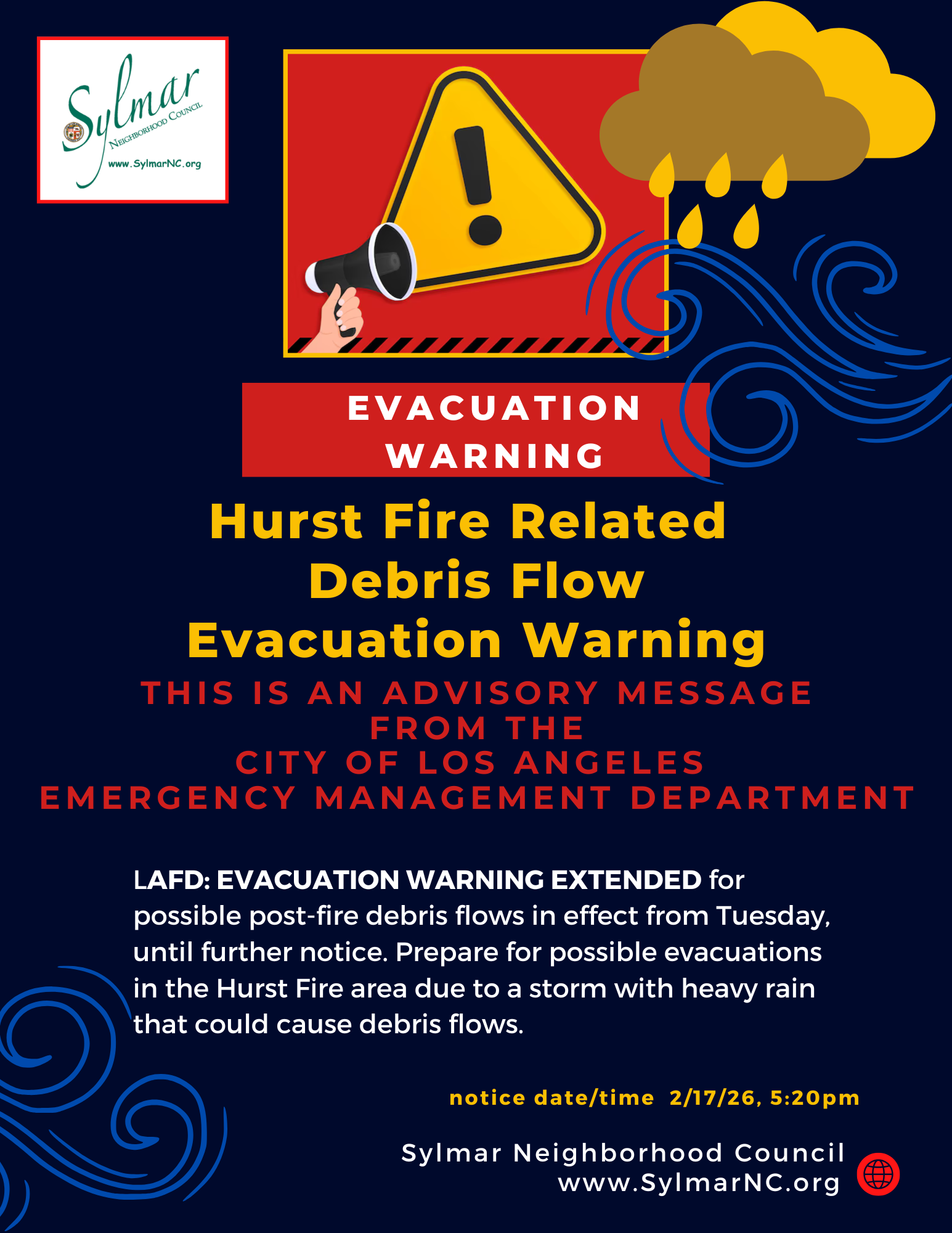 ADVISORY - Evacuation Warning (Hurst Fire area Debris Flow)