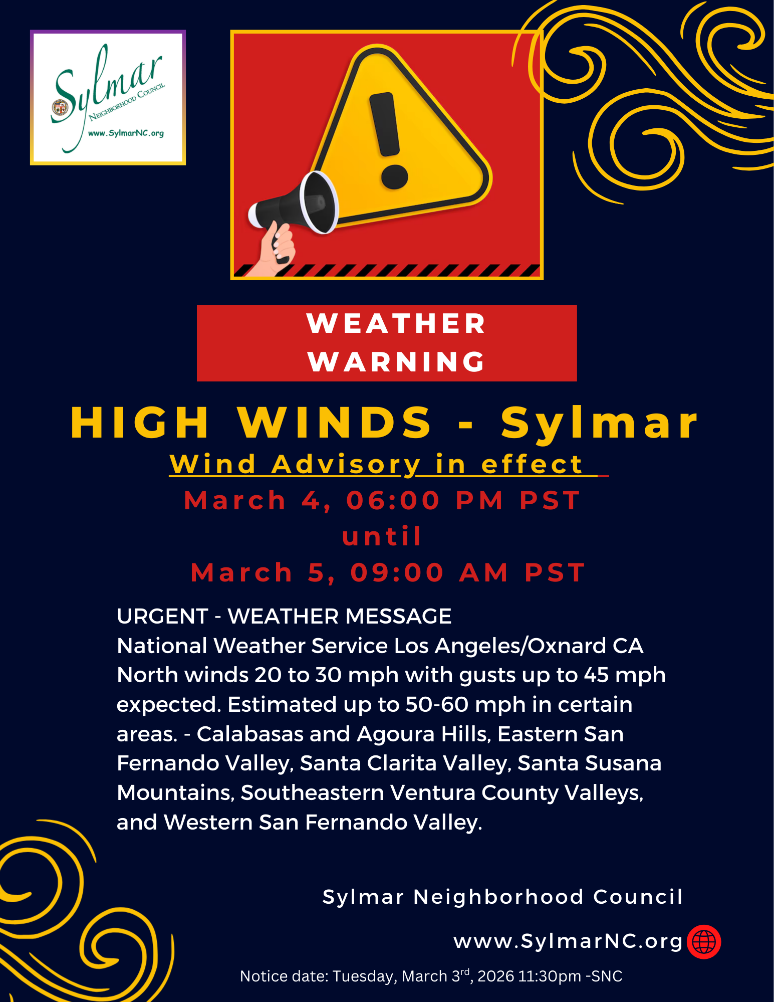 Weather Alert! • HIGH WINDS • Sylmar