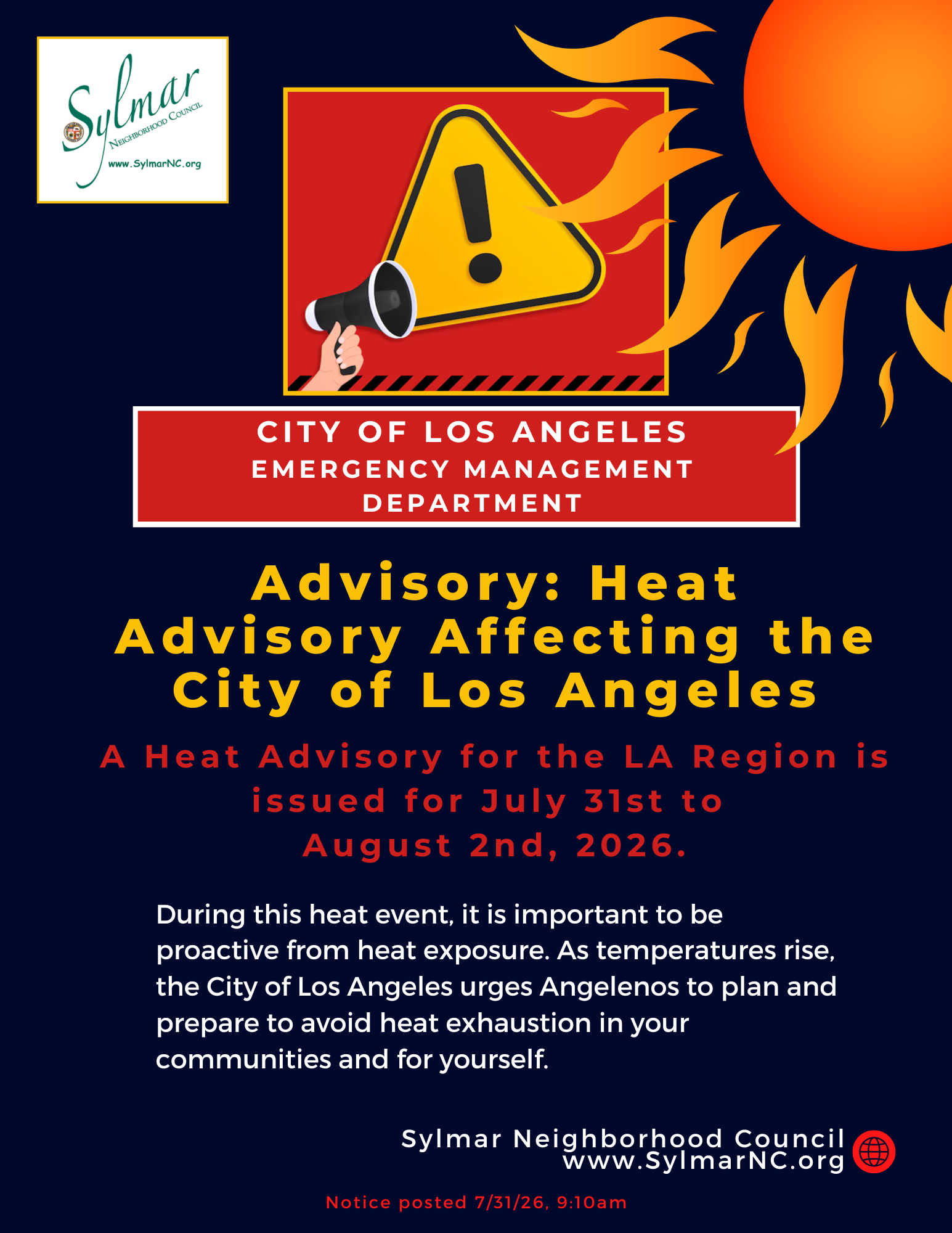 Advisory: Dangerous Heat Affecting the City of Los Angeles July 31st to August 2nd, 2026