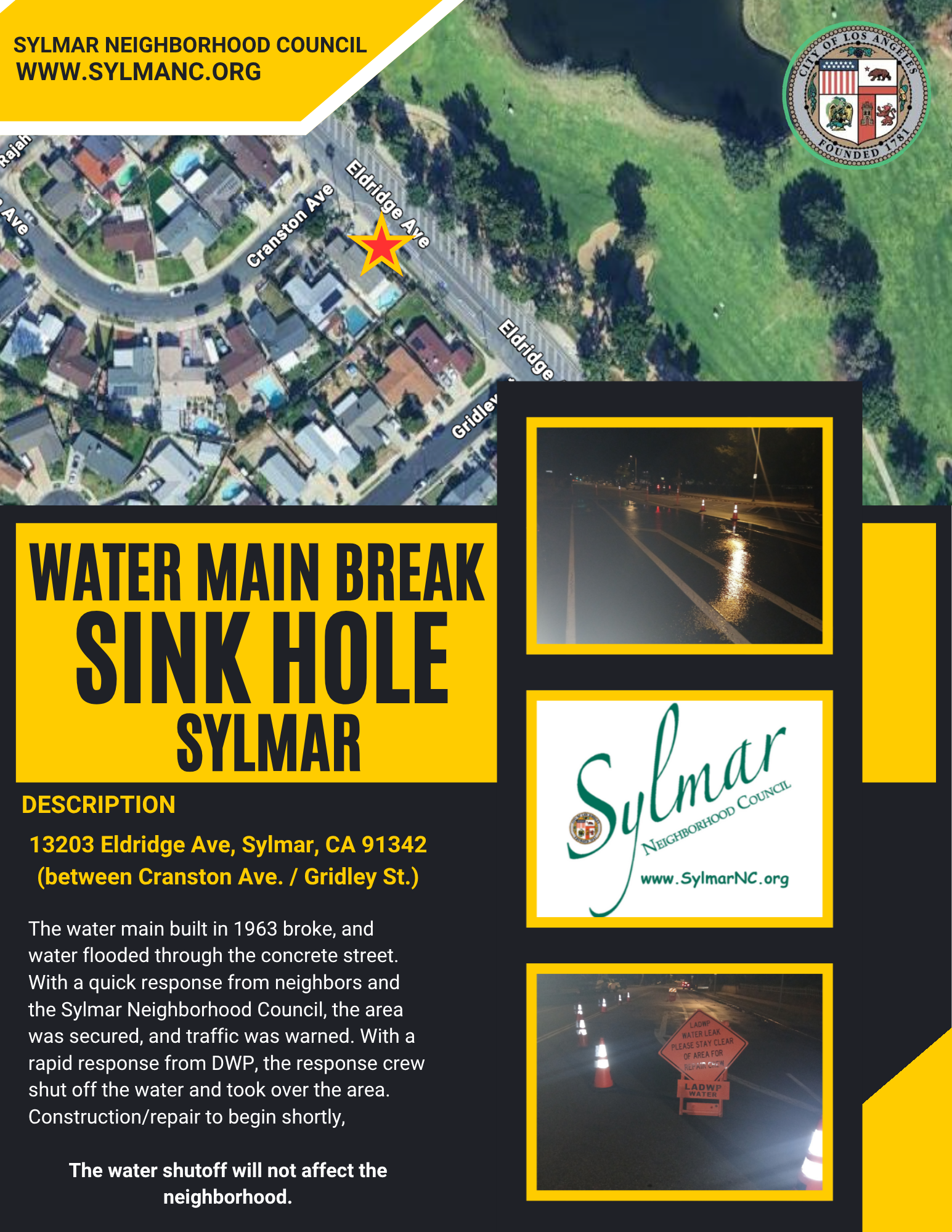 Sinkhole / Water Main Break in Sylmar (Eldridge Ave)