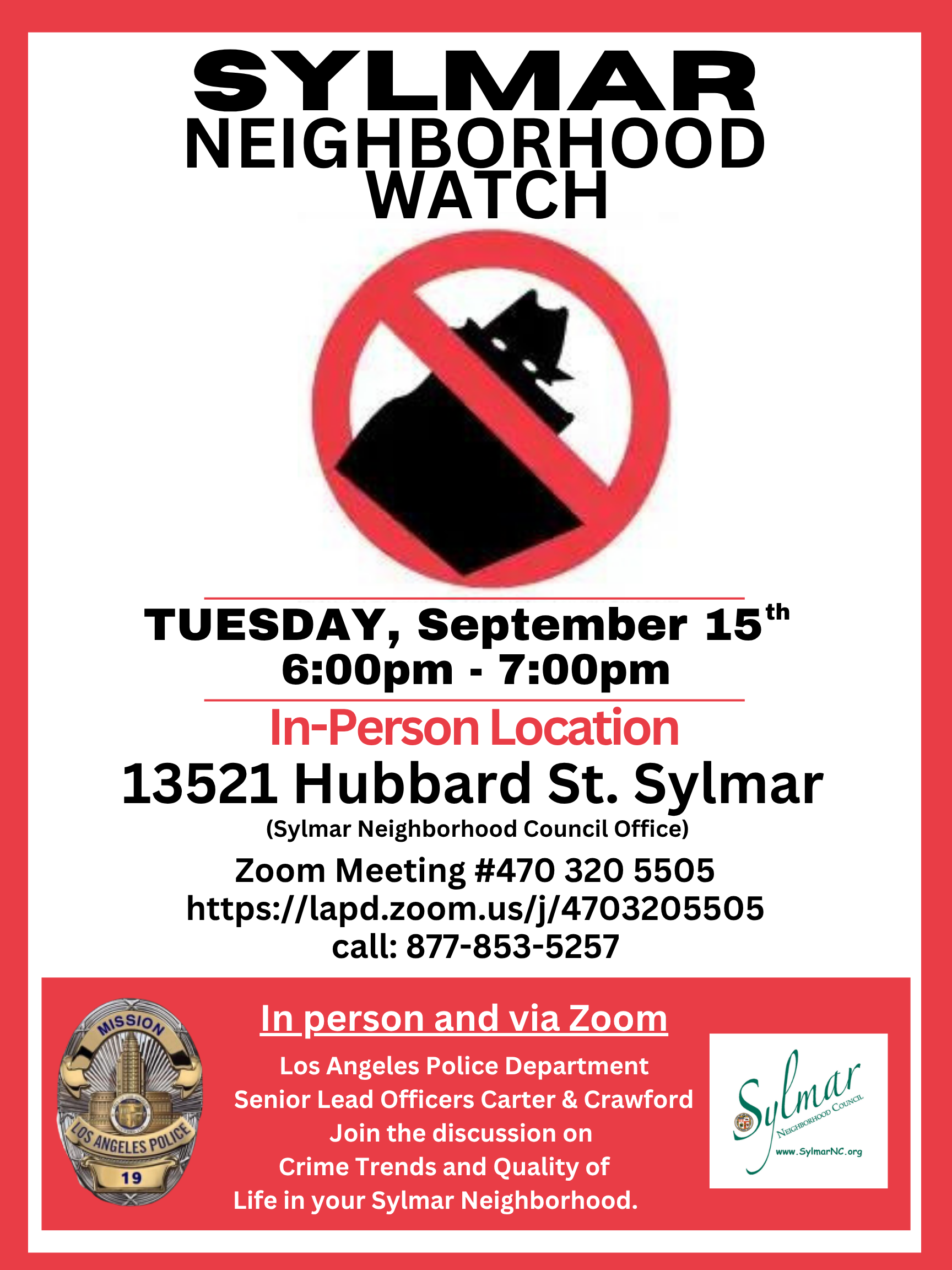 LAPD - Sylmar Community Watch meeting - Tuesday, September 15th, 6:00pm