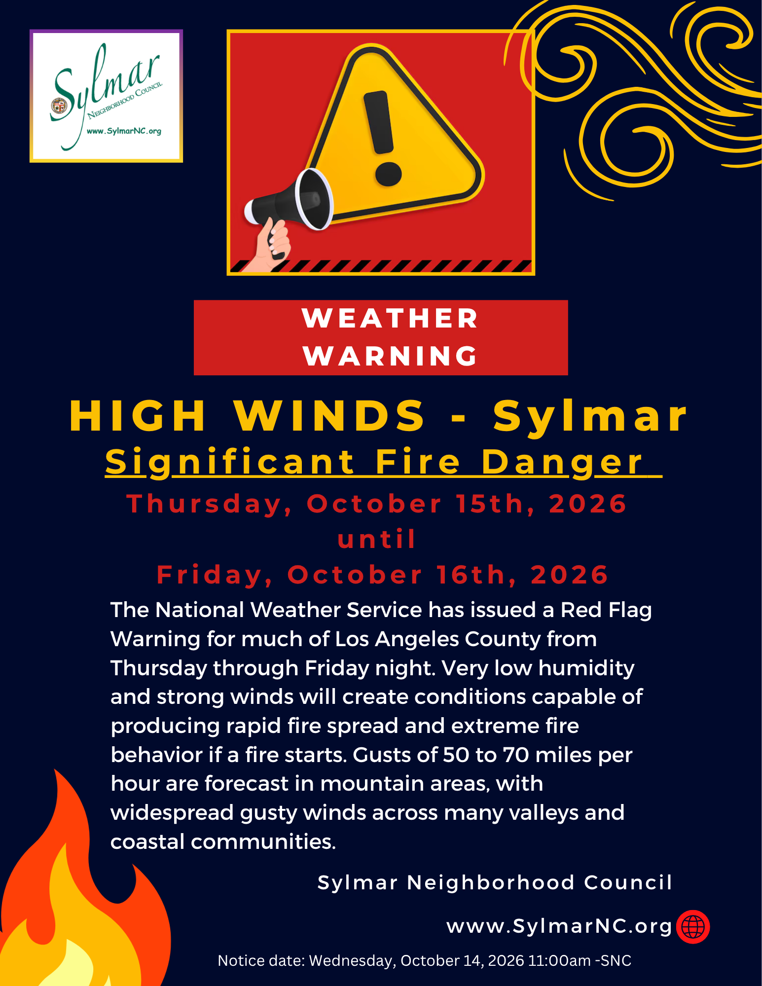 High Winds, Significant Fire Risk  - October 15th - 16th, 2026
